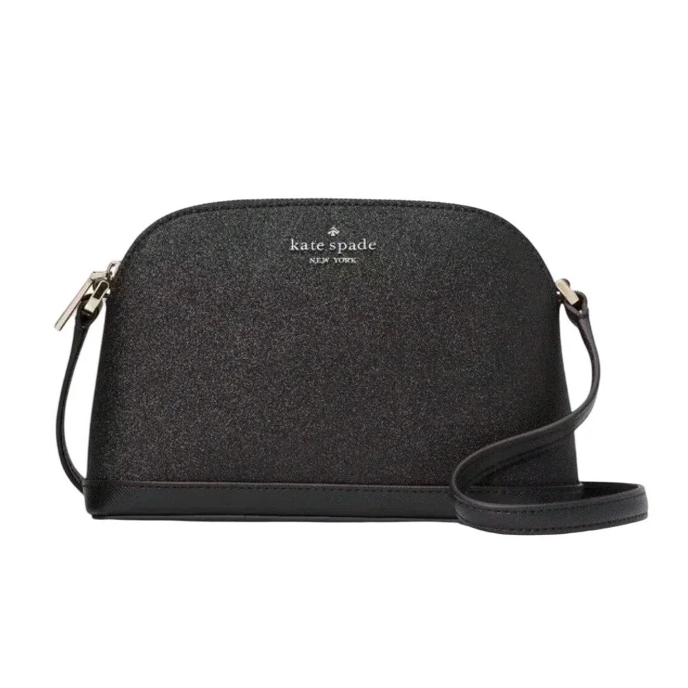 Kate Spade New York Black Glitter Dome Crossbody Bag Saffiano Leather Trim Small